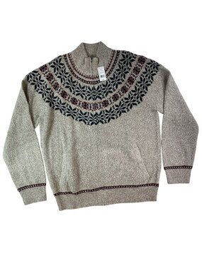 Brooks Brothers Fair Isle Zip-Up Sweater Beige Red Navy Wool Men's Sz XL NWT